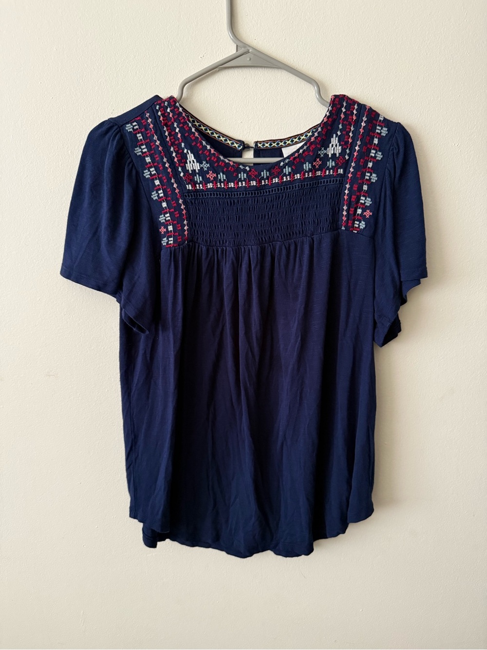 Knox Rose Navy Blouse with Red & White Embroidery